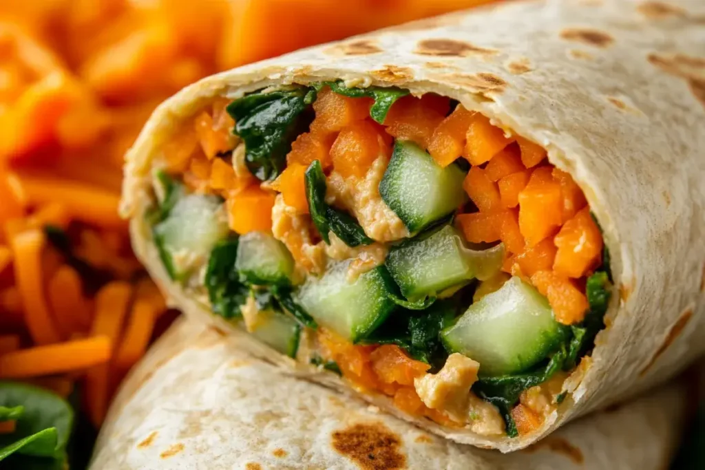 Veggie wrap with hummus filled with fresh carrots, cucumbers, and spinach.